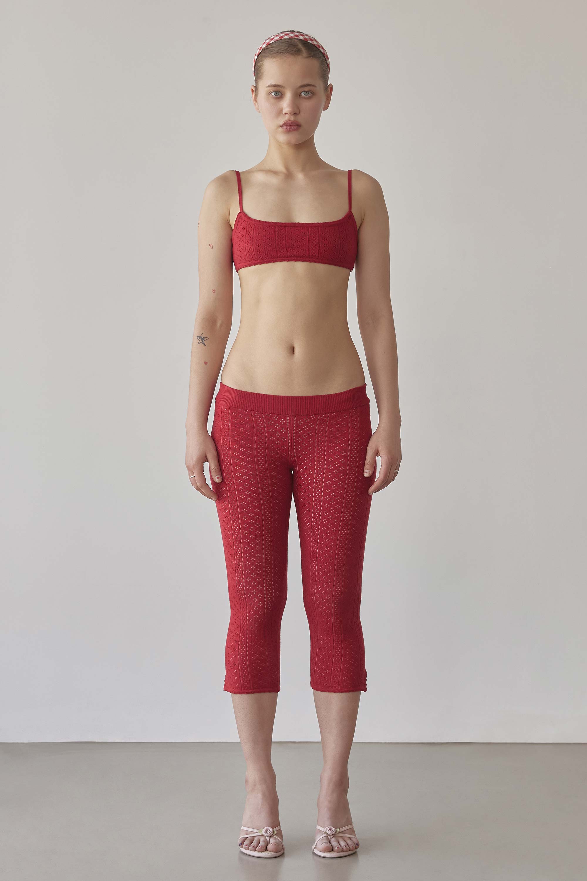 Eyelet Knit Capri Pants Red